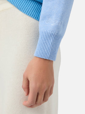 Maglione New Queen in misto cashmere azzurro con jacquard cartolina Campiglio