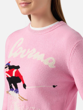 Neuer Queen-Pullover aus Kaschmirmischung in Rosa mit Courma-Postkarten-Jacquard