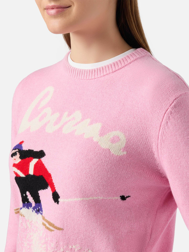 Neuer Queen-Pullover aus Kaschmirmischung in Rosa mit Courma-Postkarten-Jacquard