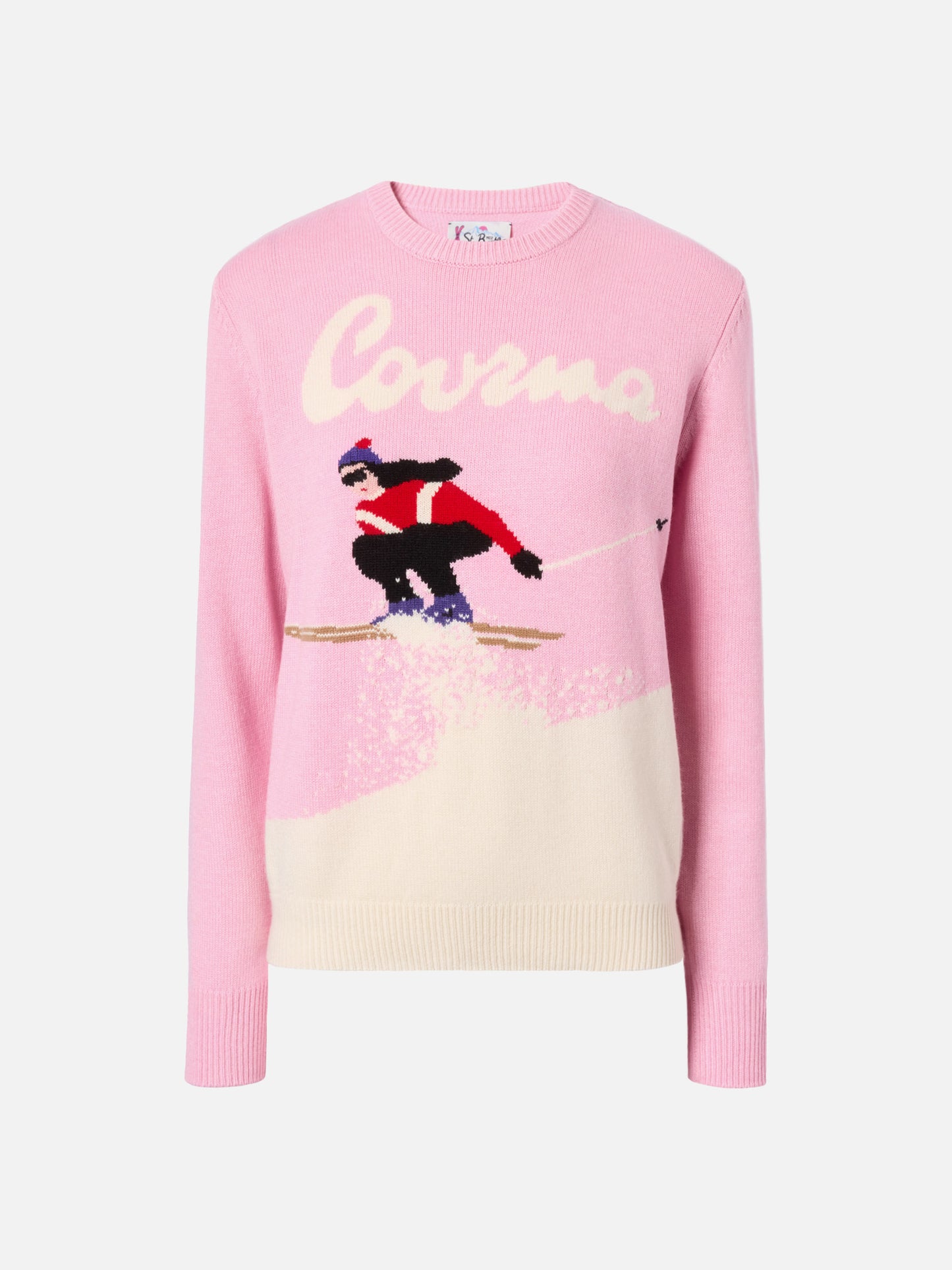 Neuer Queen-Pullover aus Kaschmirmischung in Rosa mit Courma-Postkarten-Jacquard