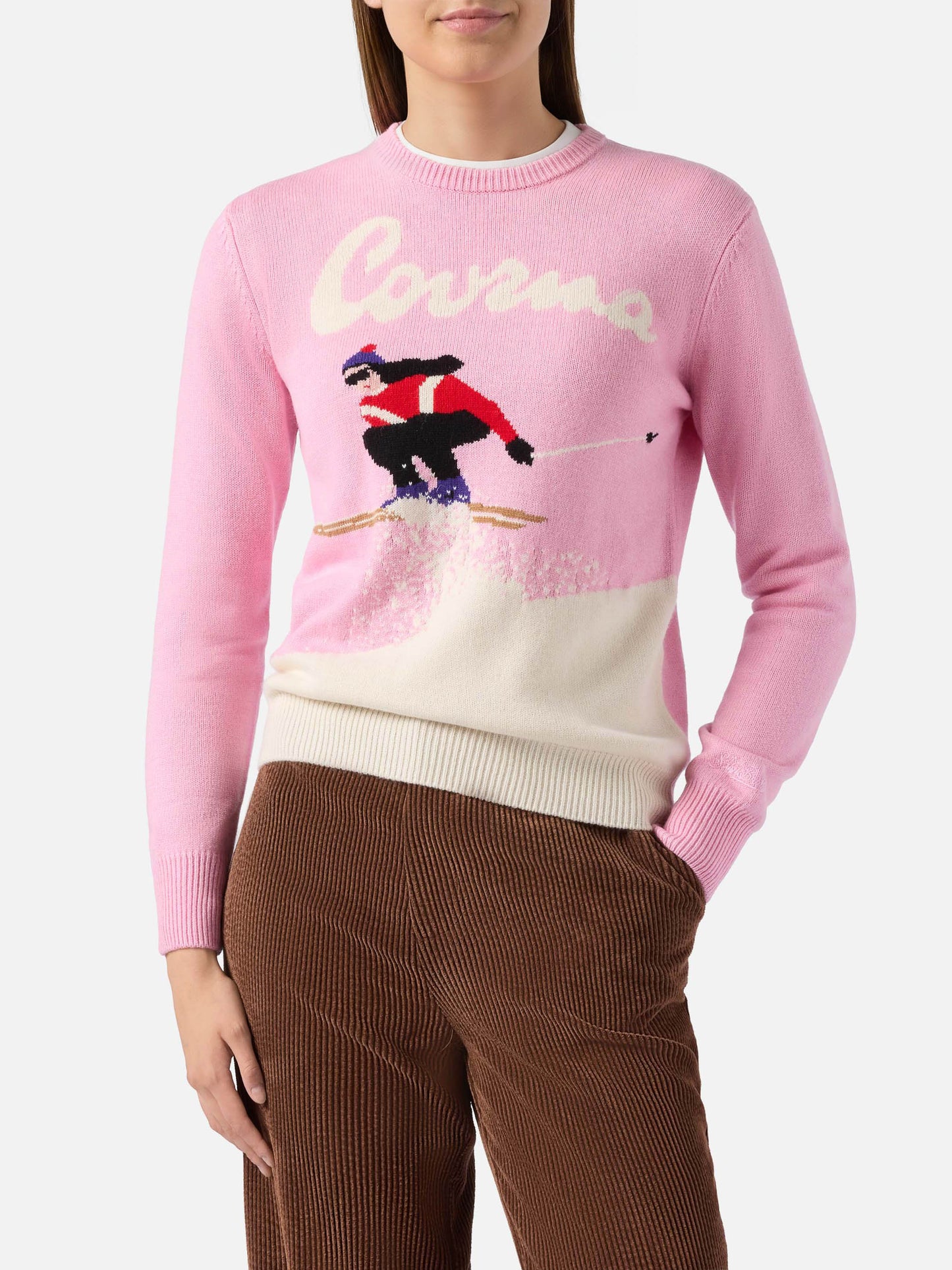 Neuer Queen-Pullover aus Kaschmirmischung in Rosa mit Courma-Postkarten-Jacquard