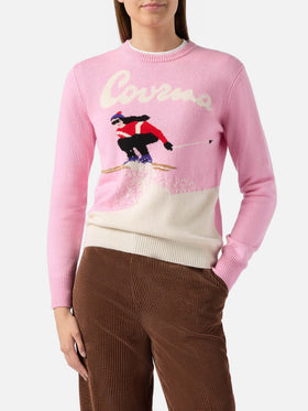 Neuer Queen-Pullover aus Kaschmirmischung in Rosa mit Courma-Postkarten-Jacquard