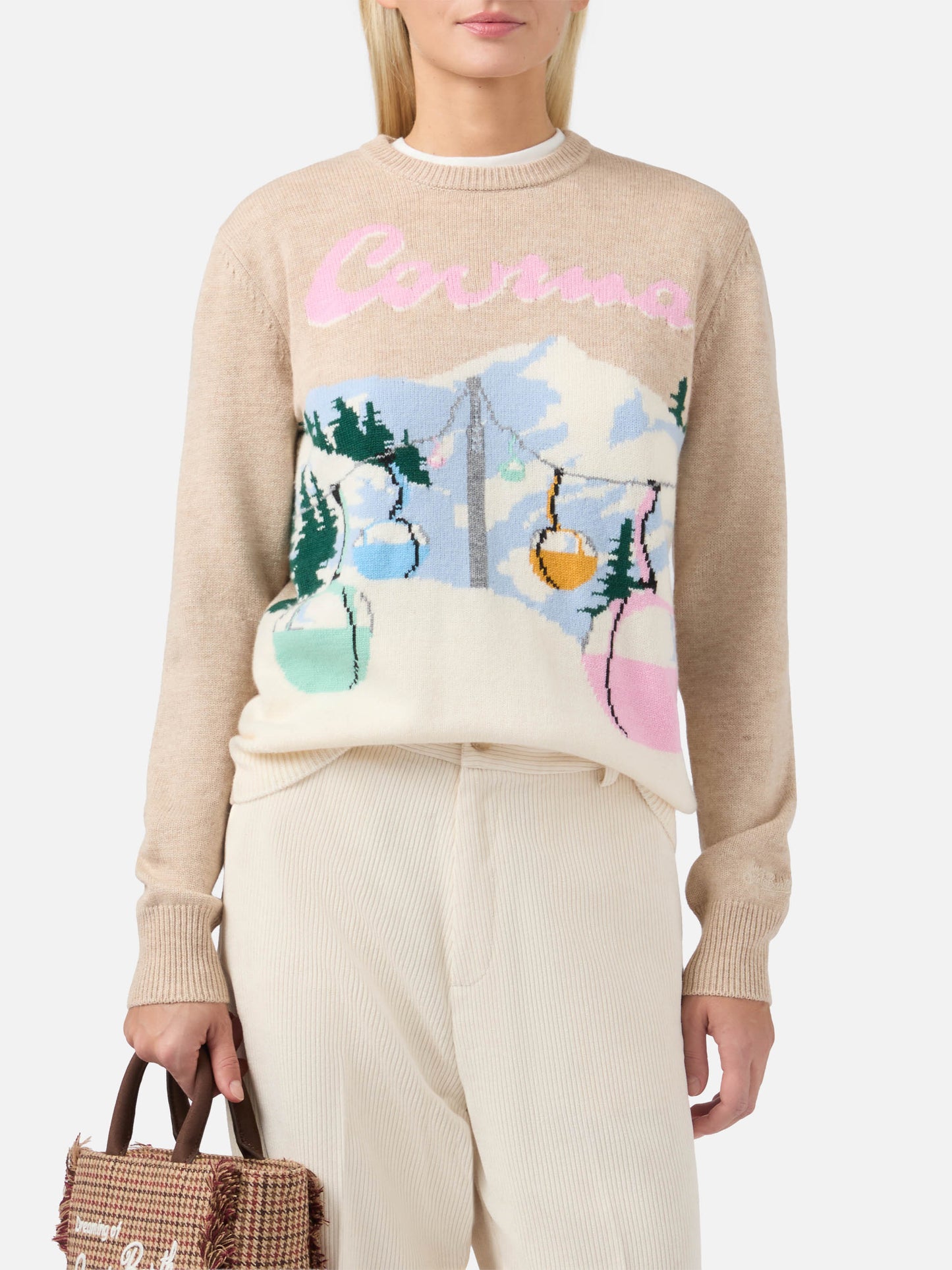 Neuer Queen-Pullover aus Kaschmirmischung in Beige mit Courma-Postkarten-Jacquardmuster