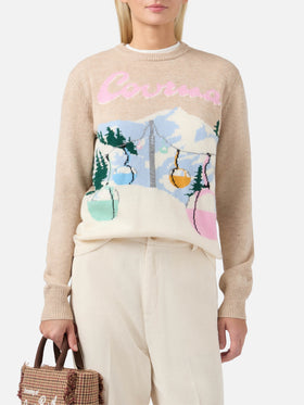 Neuer Queen-Pullover aus Kaschmirmischung in Beige mit Courma-Postkarten-Jacquardmuster