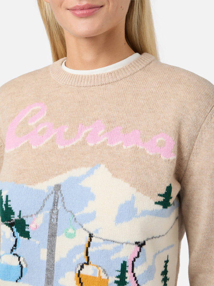 Neuer Queen-Pullover aus Kaschmirmischung in Beige mit Courma-Postkarten-Jacquardmuster