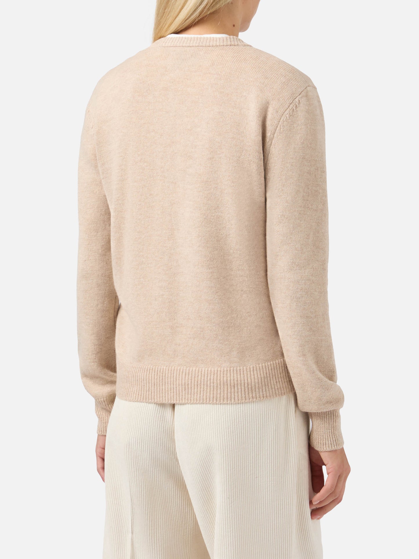 Neuer Queen-Pullover aus Kaschmirmischung in Beige mit Courma-Postkarten-Jacquardmuster