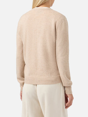 Neuer Queen-Pullover aus Kaschmirmischung in Beige mit Courma-Postkarten-Jacquardmuster