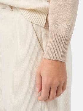 Neuer Queen-Pullover aus Kaschmirmischung in Beige mit Courma-Postkarten-Jacquardmuster