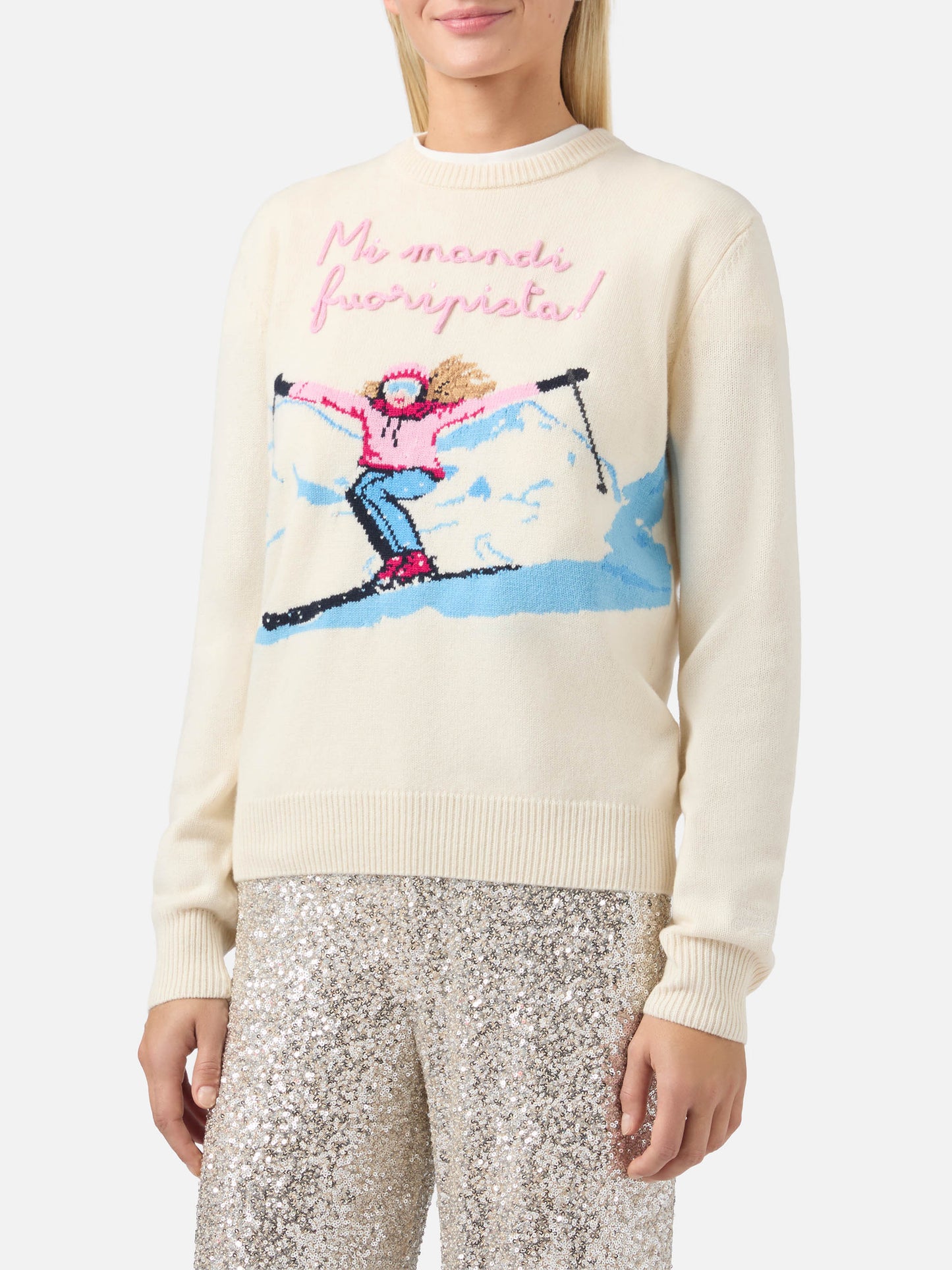Neuer weißer Queen-Pullover aus Kaschmirmischung mit Postkarten-Jacquardmuster und Stickerei.