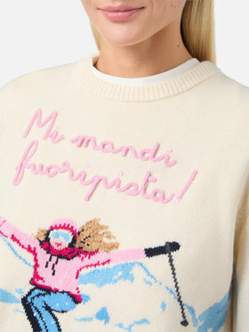 Neuer weißer Queen-Pullover aus Kaschmirmischung mit Postkarten-Jacquardmuster und Stickerei.