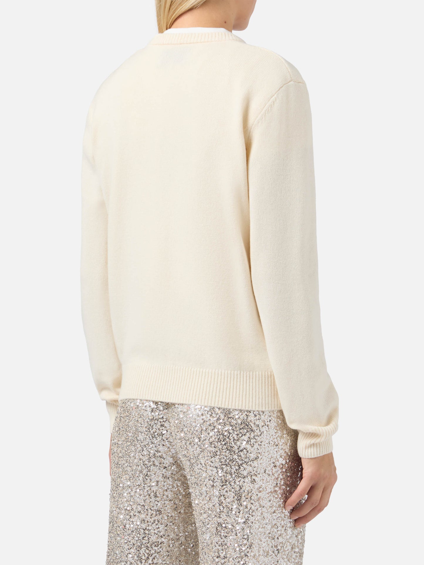 Neuer weißer Queen-Pullover aus Kaschmirmischung mit Postkarten-Jacquardmuster und Stickerei.