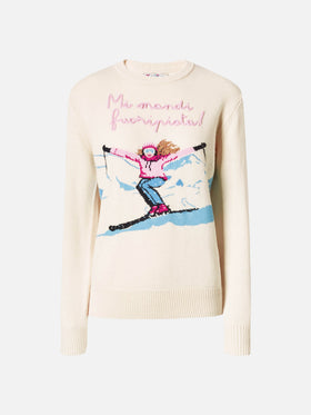 Neuer weißer Queen-Pullover aus Kaschmirmischung mit Postkarten-Jacquardmuster und Stickerei.