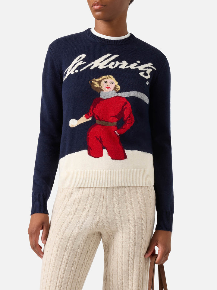 Maglia girocollo New Queen blu navy con intarsio sciatrice St. Moritz | Special edition