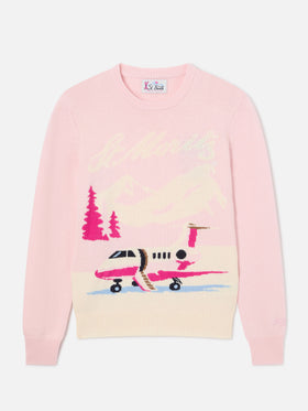 Rosa New Queen Rundhals-Strick mit St. Moritz Flugzeug-Intarsie | Special edition 