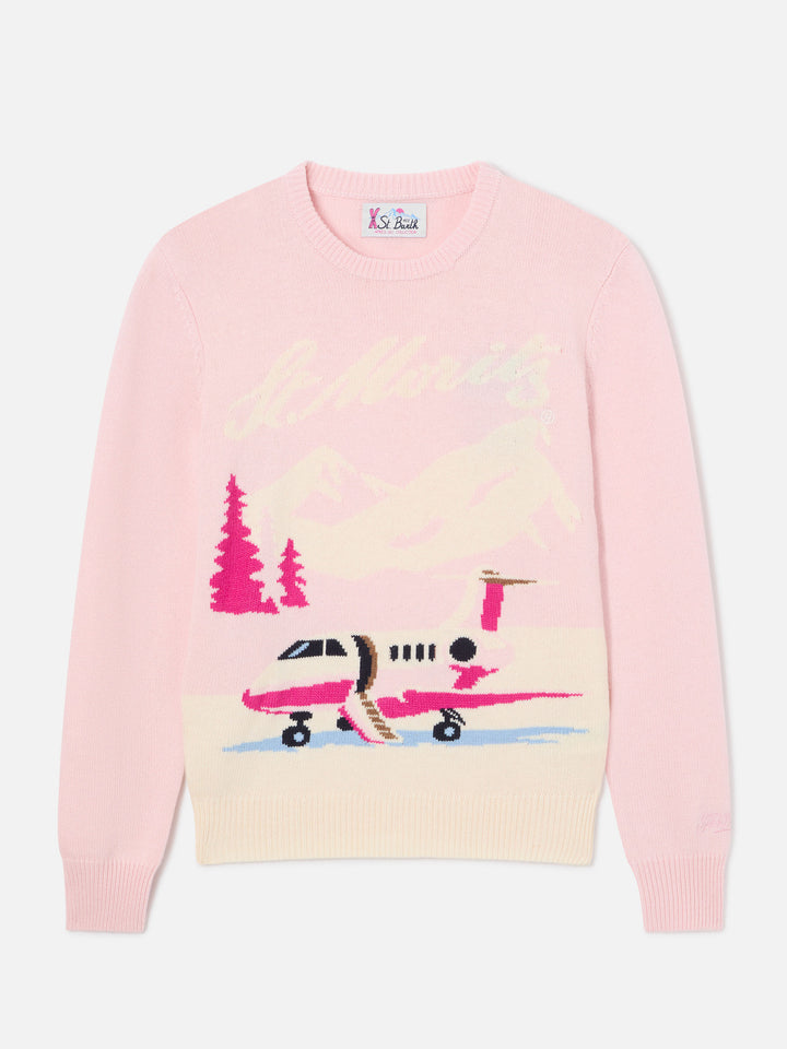 Jersey de punto con cuello redondo Pink New Queen con intarsia de avión St. Moritz | Special edition 