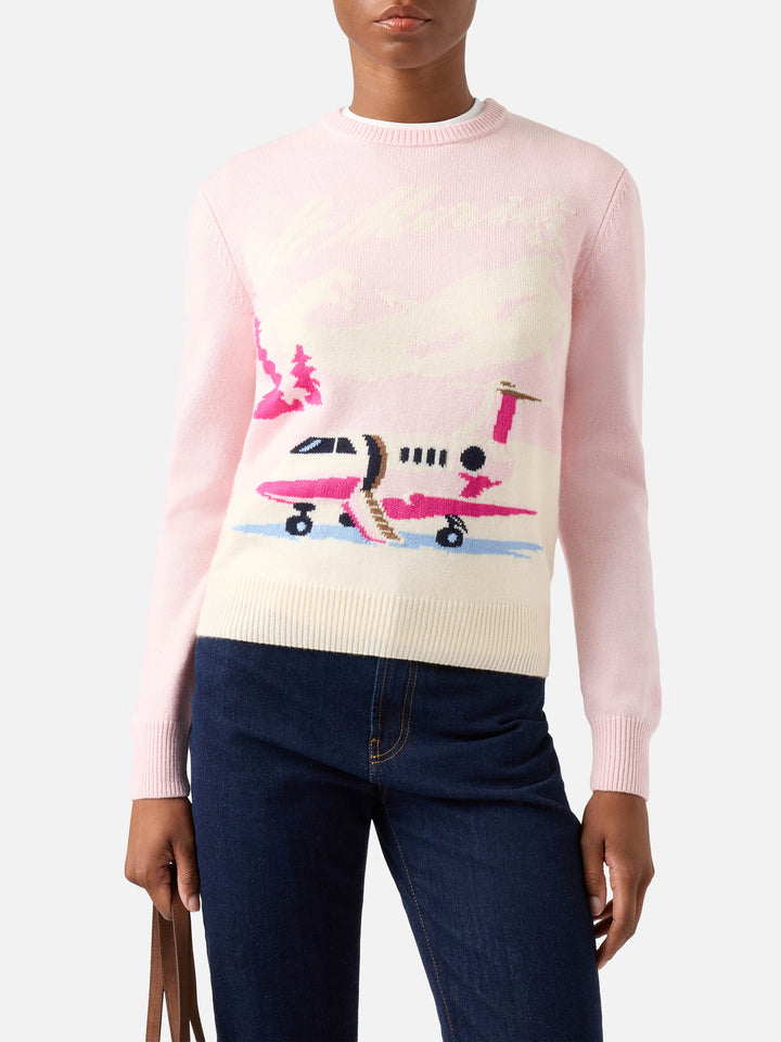 Jersey de punto con cuello redondo Pink New Queen con intarsia de avión St. Moritz | Special edition 