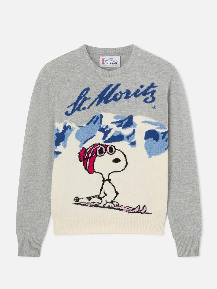 Jersey de punto con cuello redondo Grey New Queen con intarsia de Snoopy esquiando | Special edition 