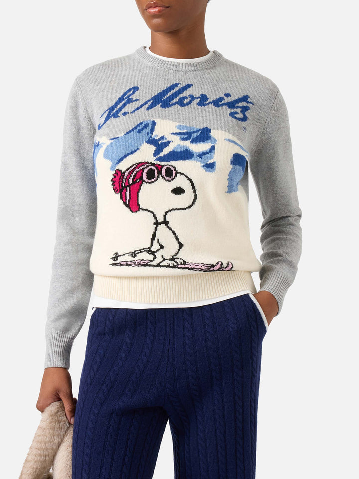 Jersey de punto con cuello redondo Grey New Queen con intarsia de Snoopy esquiando | Special edition 