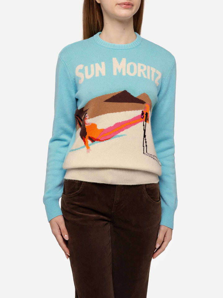 Light blue sweater New Queen with Sun Moritz postcard jacquard - MC2 Saint Barth