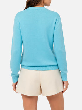 Pull bleu clair New Queen avec jacquard carte postale Sun Moritz 