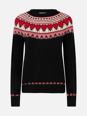 Woman black sweater New Queen with fair isle hearts jacquard - MC2 Saint Barth