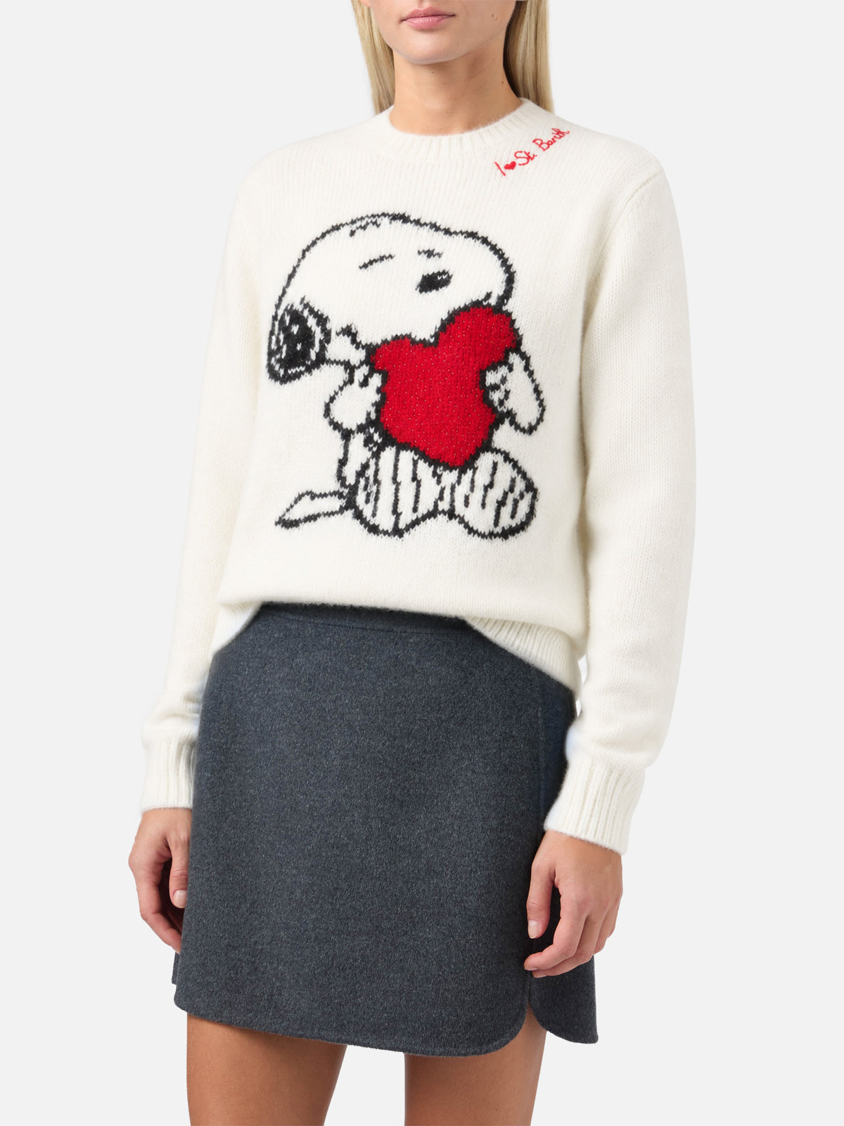 Maglione da donna girocollo con jacquard Snoopy e Woodstock e cuore in strass | EDIZIONE SPECIALE SNOOPY PEANUTS™