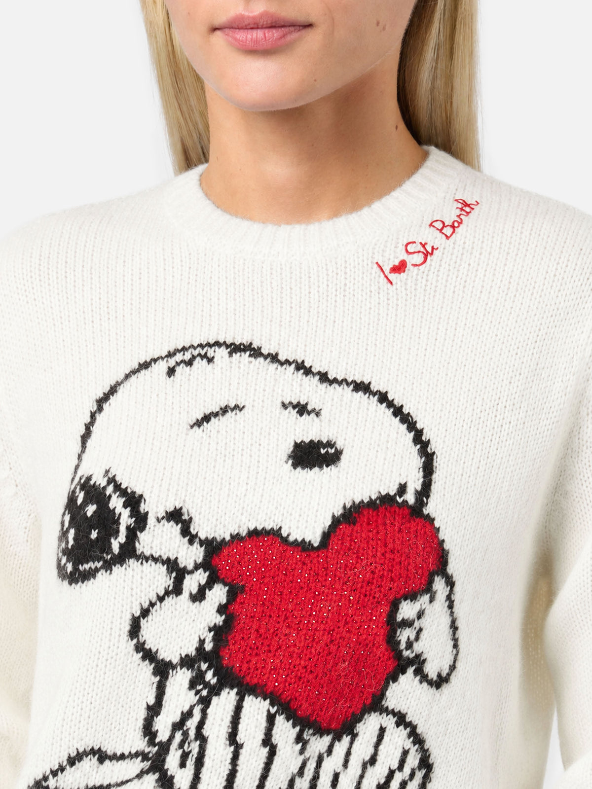 Maglione da donna girocollo con jacquard Snoopy e Woodstock e cuore in strass | EDIZIONE SPECIALE SNOOPY PEANUTS™