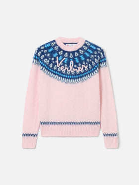 Rosafarbener Damen-Rundhalspullover aus nordischem Jacquard