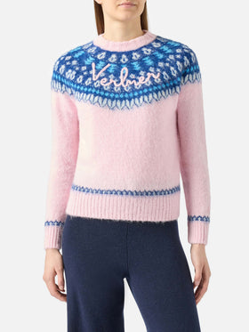 Rosafarbener Damen-Rundhalspullover aus nordischem Jacquard