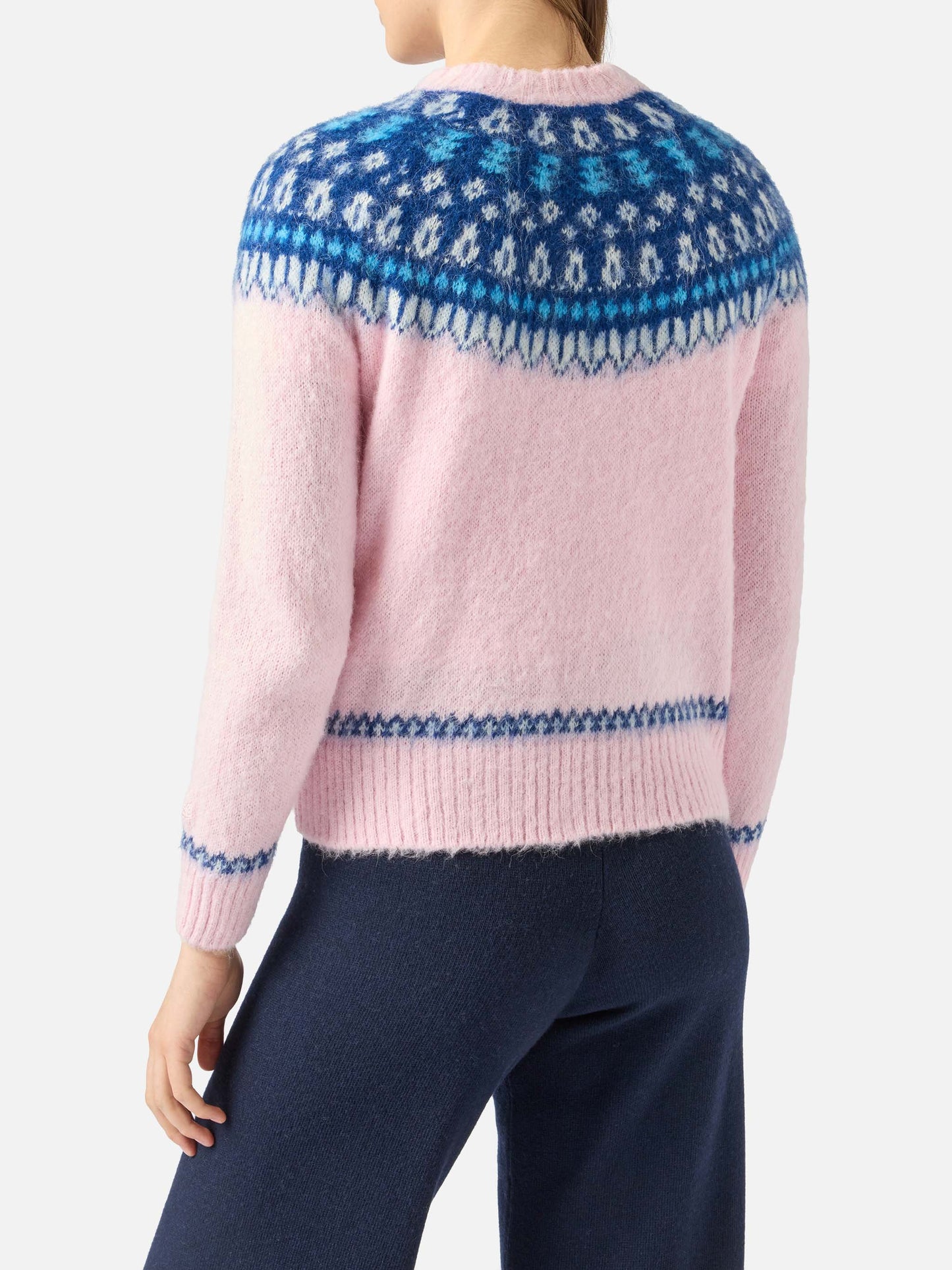 Rosafarbener Damen-Rundhalspullover aus nordischem Jacquard