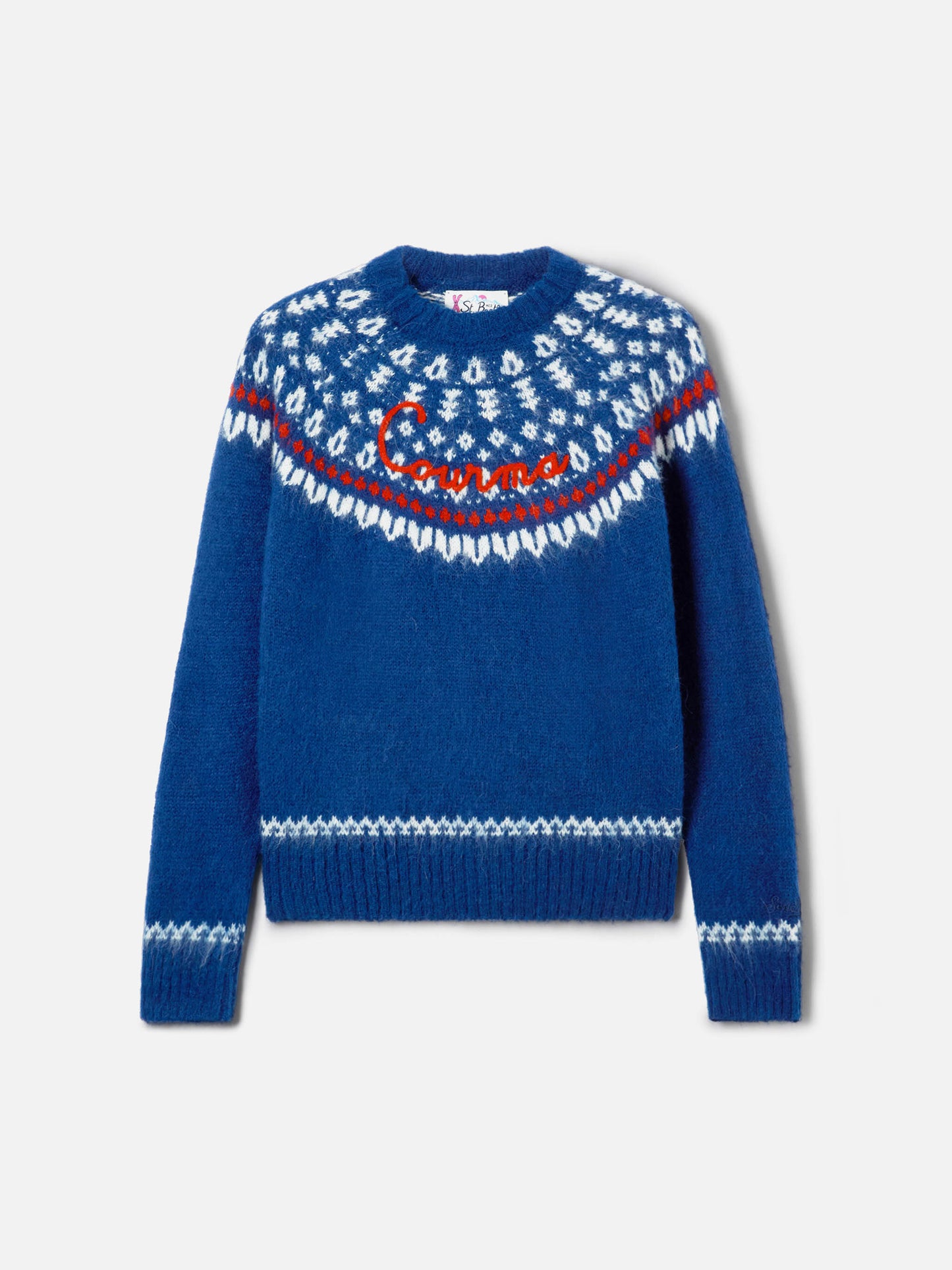 Marineblauer Damen-Pullover aus nordischem Jacquard mit Rundhalsausschnitt