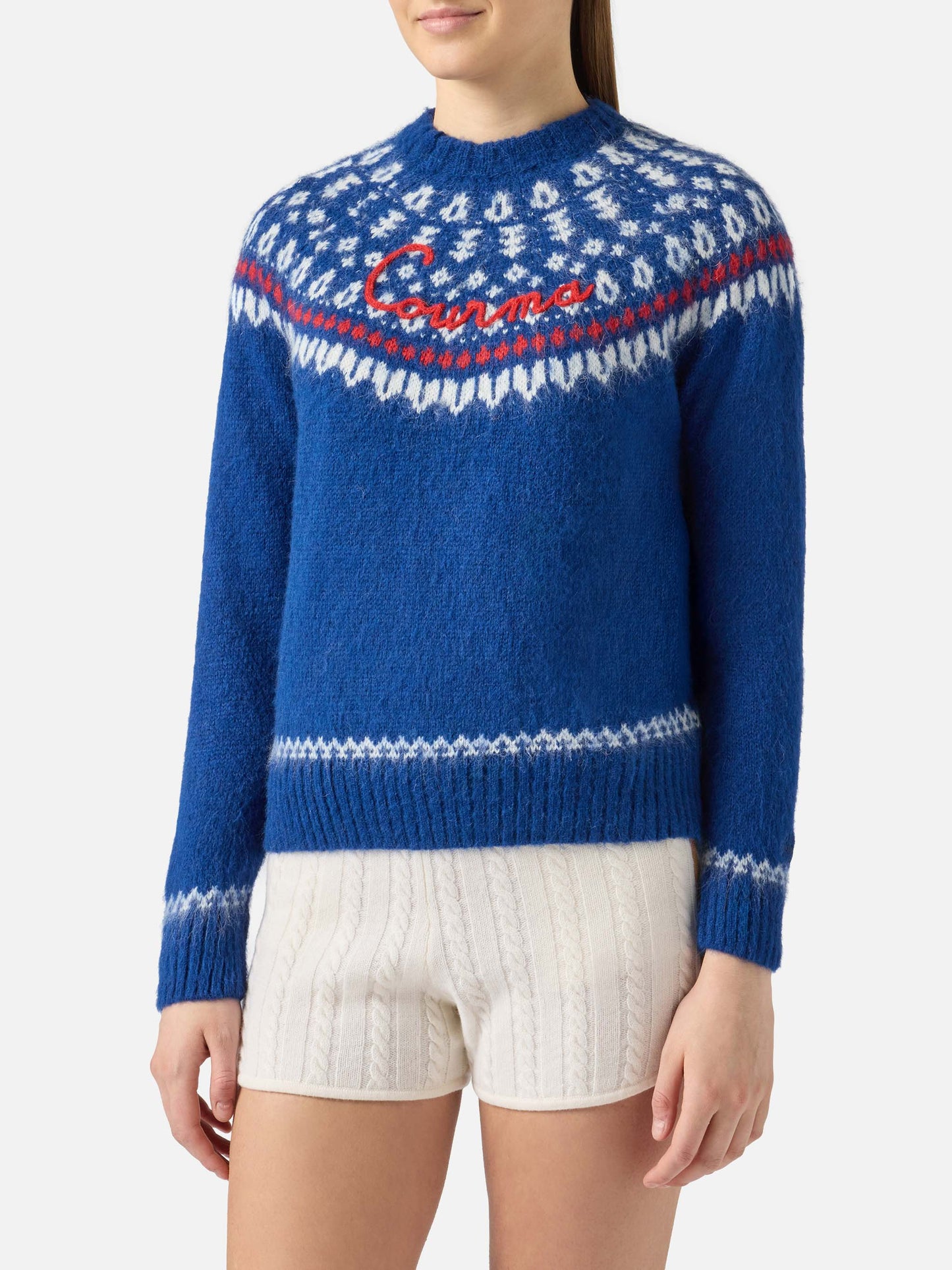 Marineblauer Damen-Pullover aus nordischem Jacquard mit Rundhalsausschnitt
