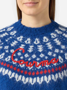 Marineblauer Damen-Pullover aus nordischem Jacquard mit Rundhalsausschnitt