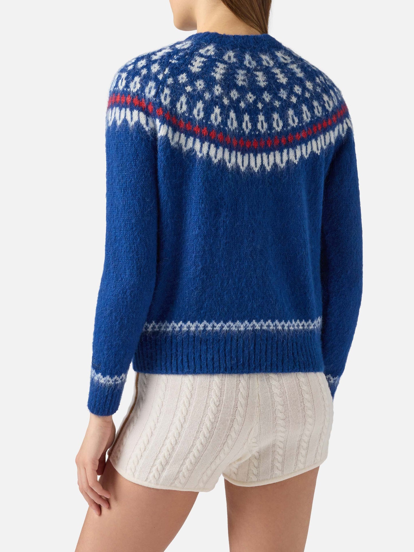 Marineblauer Damen-Pullover aus nordischem Jacquard mit Rundhalsausschnitt