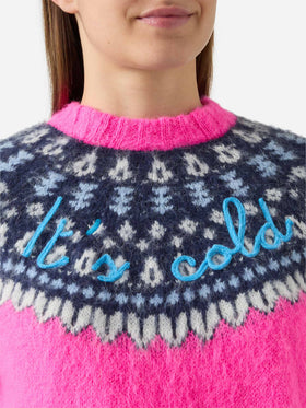 Girocollo Nordic Soft New Queen fucsia fluo con jacquard norvegese e ricamo It’s cold