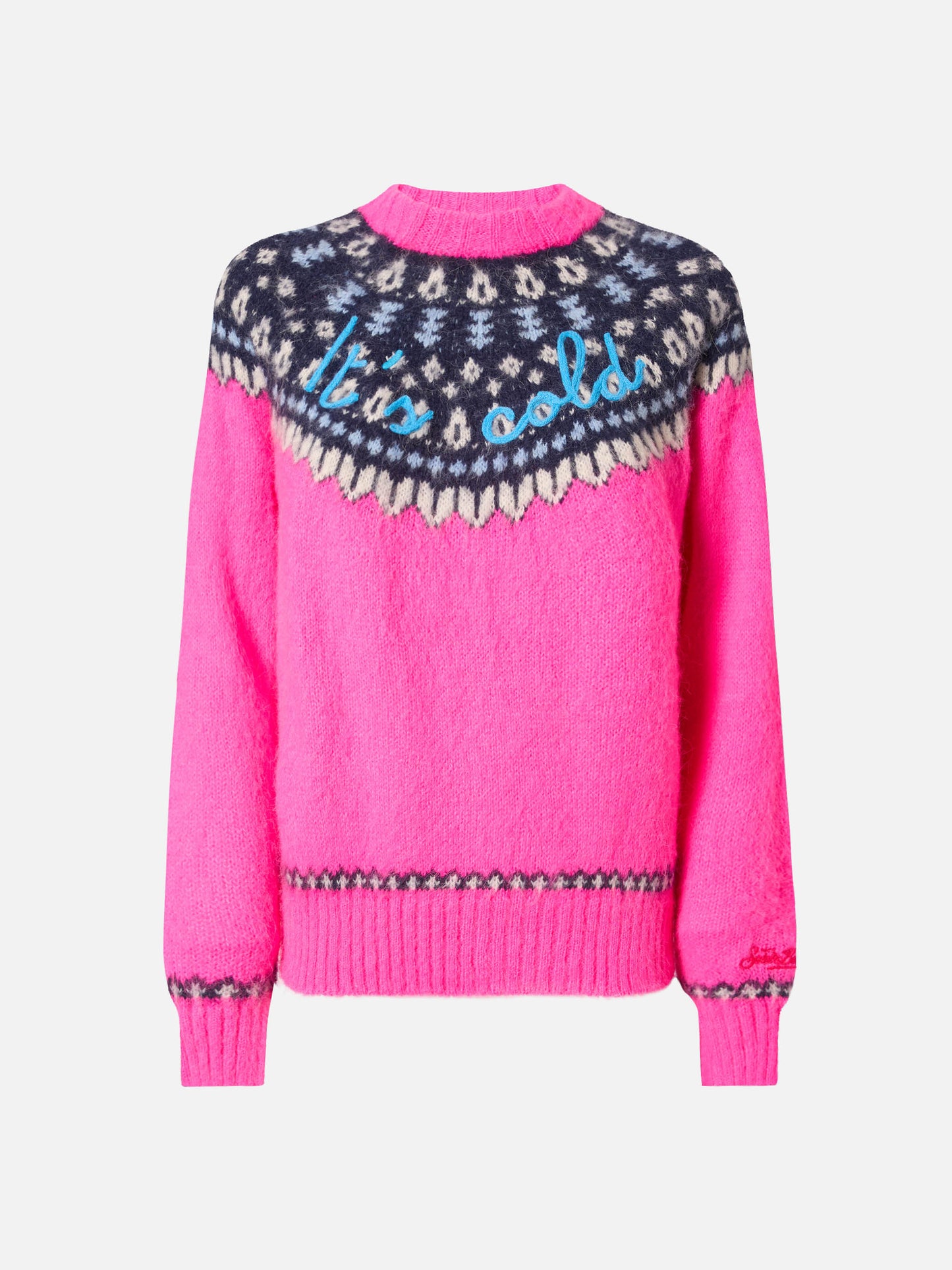 Girocollo Nordic Soft New Queen fucsia fluo con jacquard norvegese e ricamo It’s cold