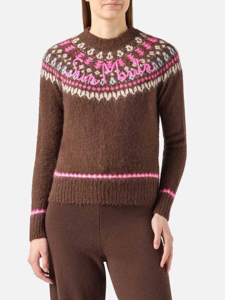 Brown sweater Queen Nordic Soft with fair isle jacquard and Sun Moritz embroidery