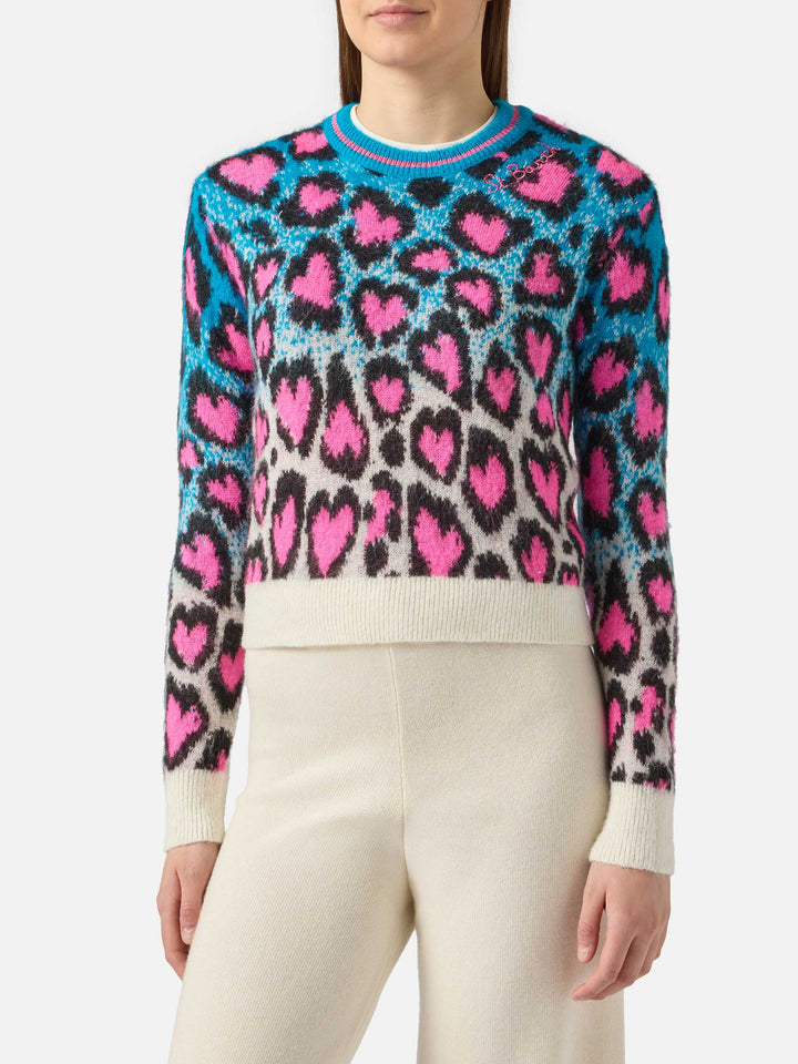 Nouveau pull crop à col rond Queen avec Leopard Hearts 