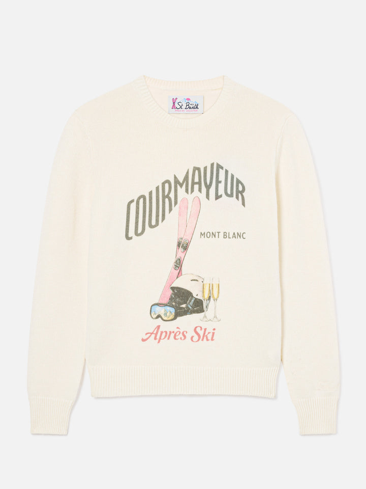 Jersey de cuello redondo en mezcla de lana y cachemir New Queen color blanco roto con estampado Courmayeur | Special edition 