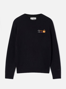 Schwarzer Crewneck aus einer Woll- und Kaschmirmischung New Queen mit O La Borsa O La Vita-Stickerei 