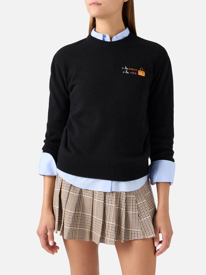 Pull noir New Queen à col rond en mélange de laine et de cachemire avec broderie O La Borsa O La Vita 