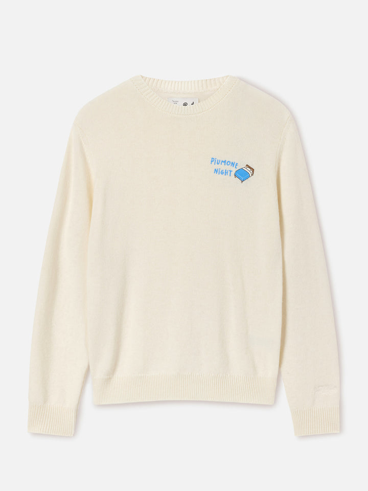 Maglia girocollo New Queen off white in misto lana e cashmere con ricamo Piumone Night