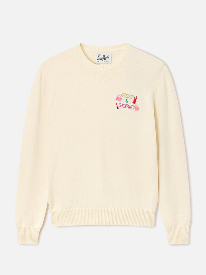 Maglia girocollo New Queen off white in misto lana e cashmere con ricamo Gossip & Shopping
