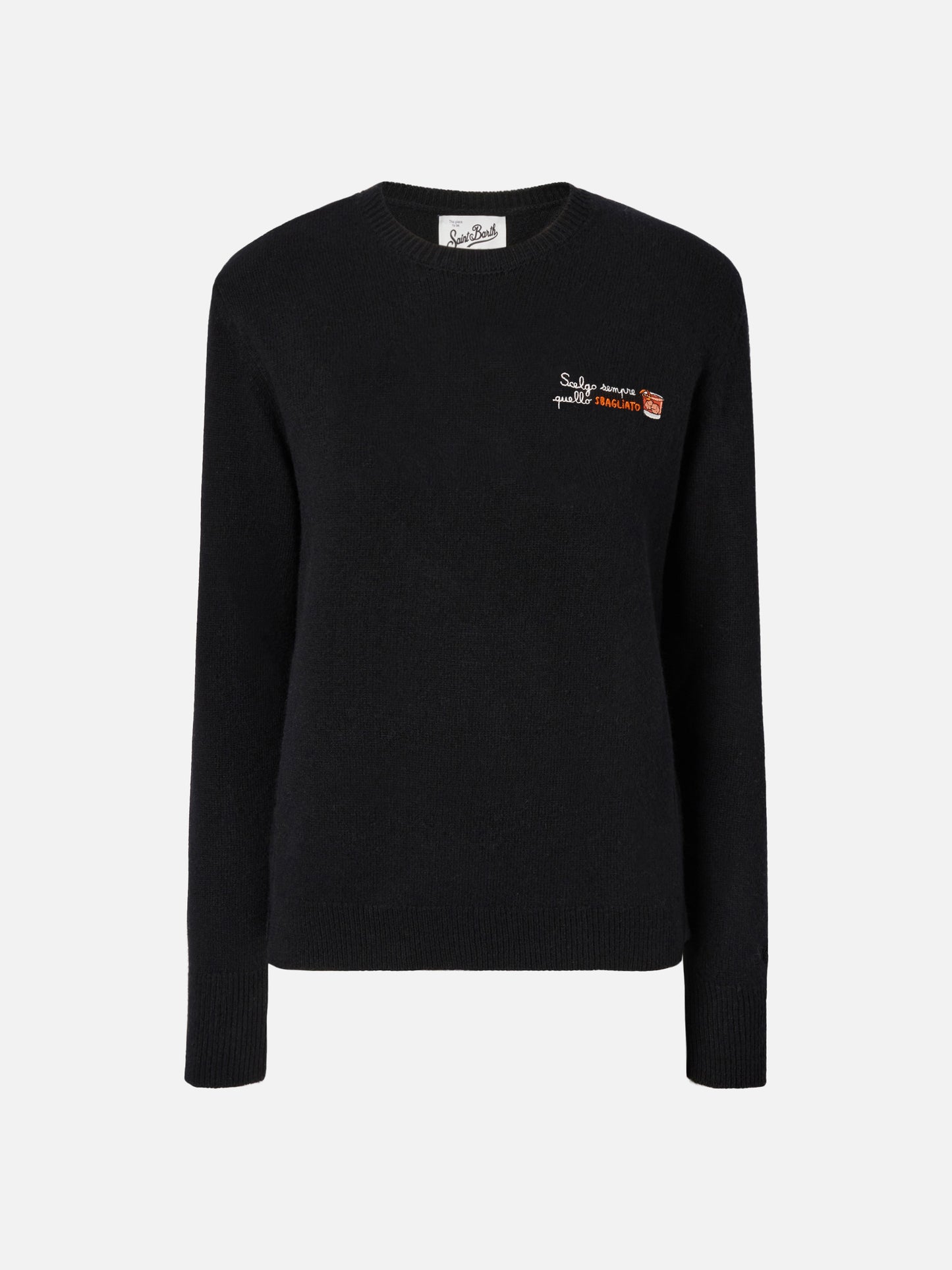 New Queen-Pullover aus Kaschmirmischung in Schwarz mit „Scelgo sempre quello sbagliato“-Stickerei