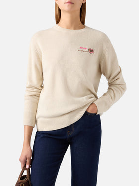 Jersey de cuello redondo en mezcla de lana y cachemira Grain New Queen con bordado Amore Espresso 