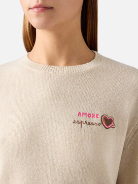 Jersey de cuello redondo en mezcla de lana y cachemira Grain New Queen con bordado Amore Espresso 