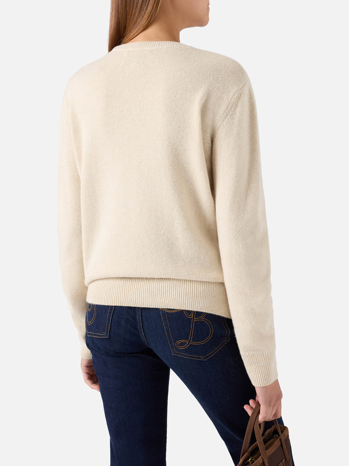 Jersey de cuello redondo en mezcla de lana y cachemira Grain New Queen con bordado Amore Espresso 