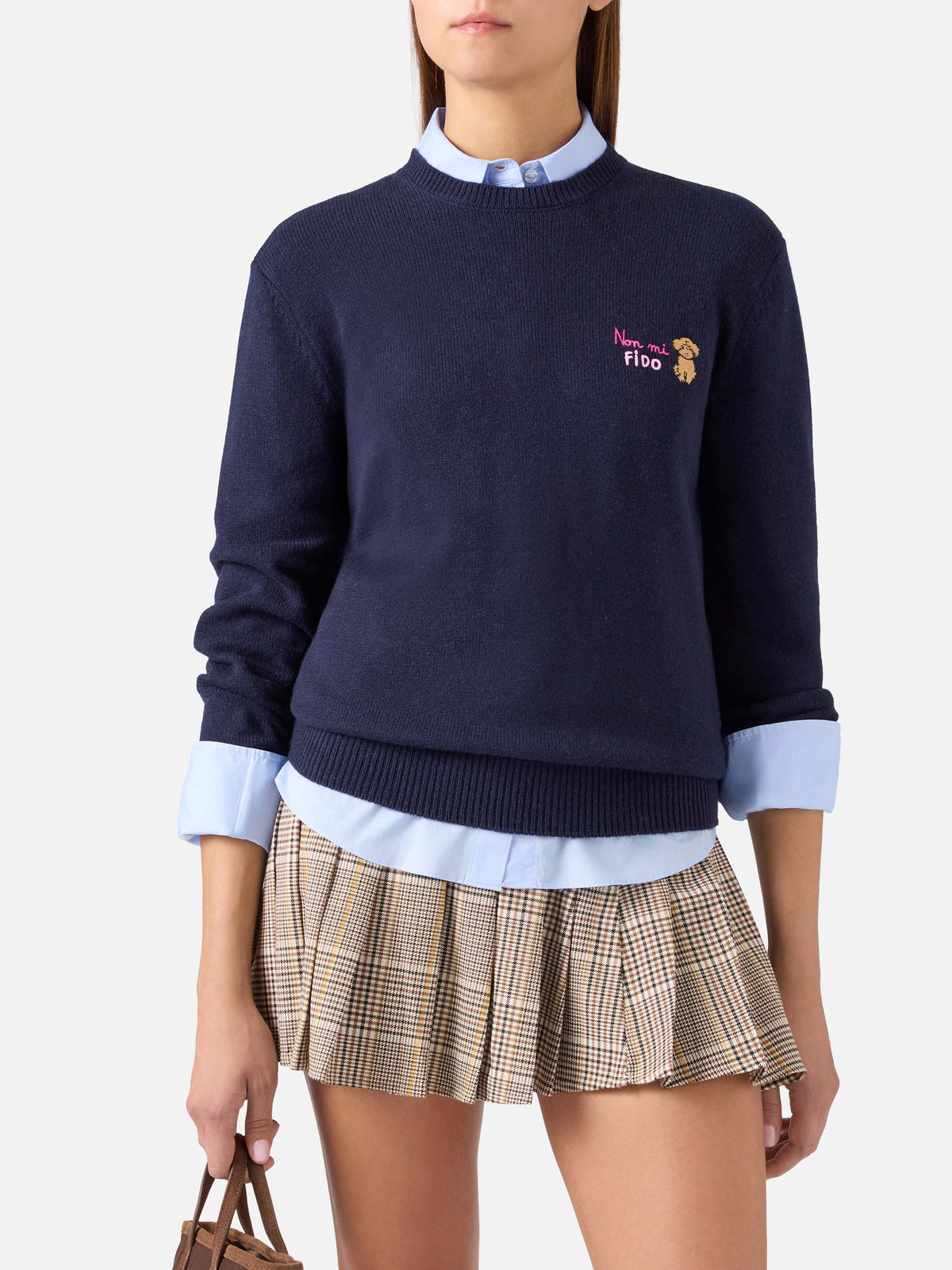 Jersey de cuello redondo en mezcla de lana y cachemira Navy blue New Queen con bordado Non Mi Fido 