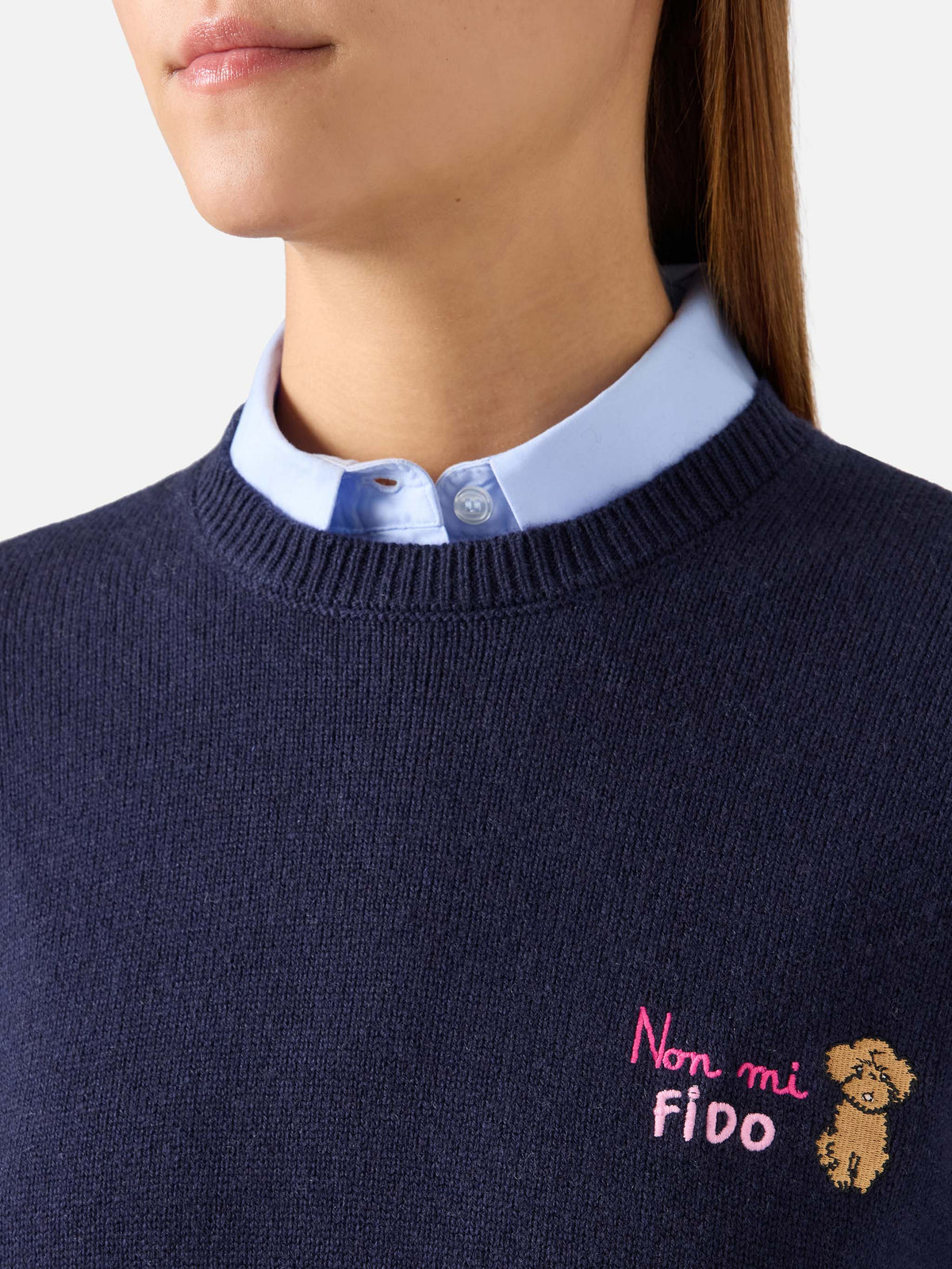 Jersey de cuello redondo en mezcla de lana y cachemira Navy blue New Queen con bordado Non Mi Fido 