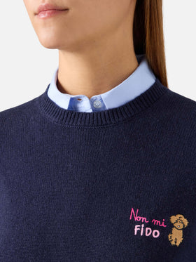 Jersey de cuello redondo en mezcla de lana y cachemira Navy blue New Queen con bordado Non Mi Fido 